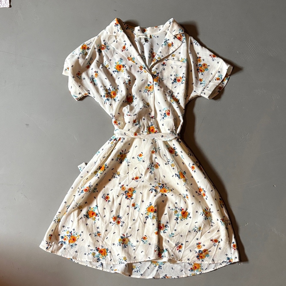 Cream Floral Shirtwaist Mini Dress with Tie Waist